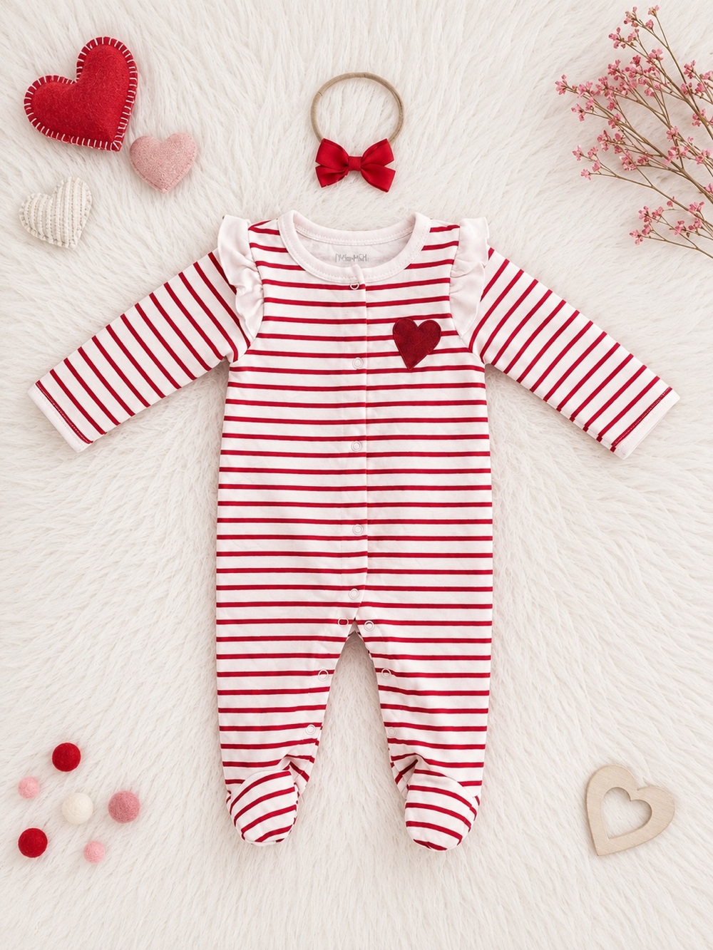 Lila & Jack Valentine Heart Footed Sleeper 3-6M Red Stripe